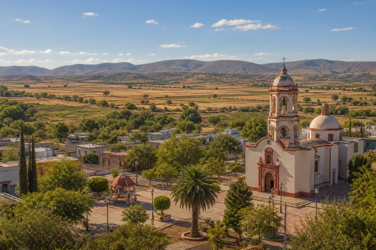 Imagen representativa generada con IA de la plaza y el paisaje rural de Cosío